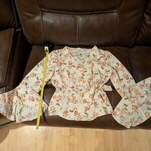 Beautiful Meraki Light Yellow Floral Top Long Bell Sleeved Tie -Waist Size S.
